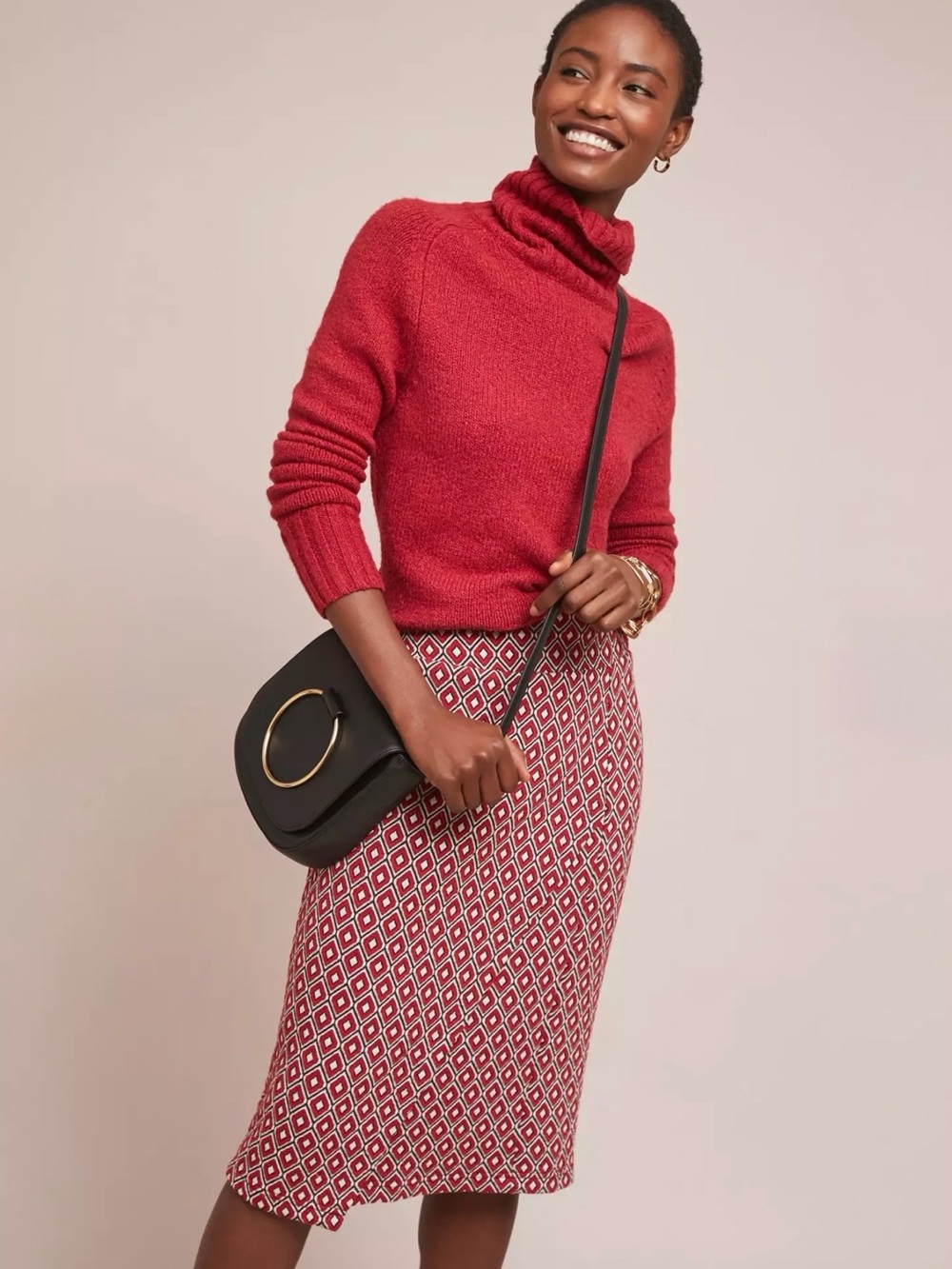 Anthropologie Maeve Wiles Cotton Pencil Skirt Red & White Print Stretch Small